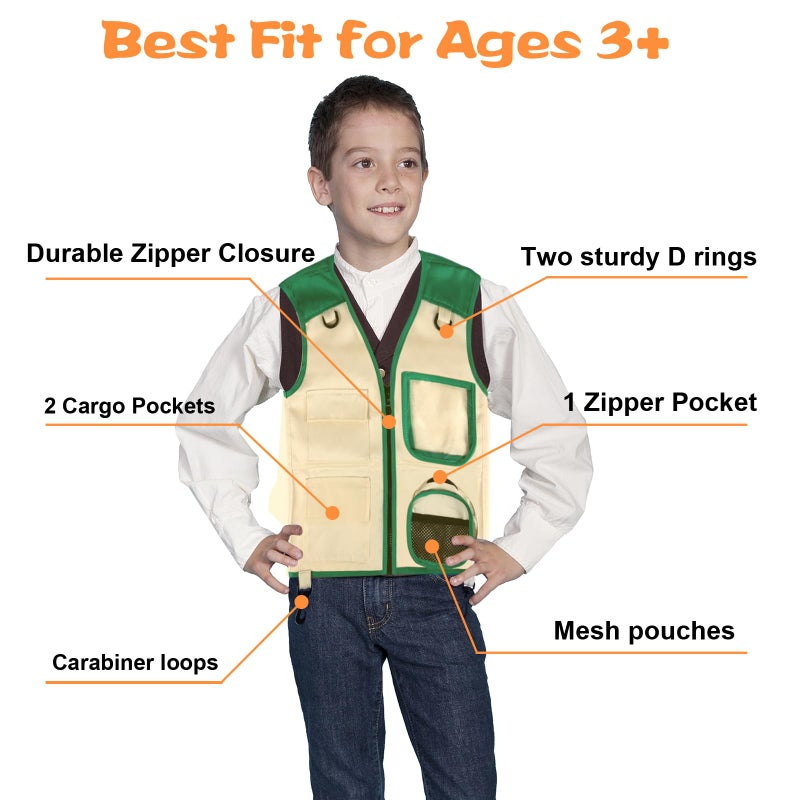 Ginmic Safari Costume Cargo Vest and Hat for Kids, Outdoor Explorer Kits and Role Play for Park Ranger, Paleontologist, Zookeeper, Jane Goodall Costume,Great Backyard Safari Gift for Adventure Boys and Girls - Image 5
